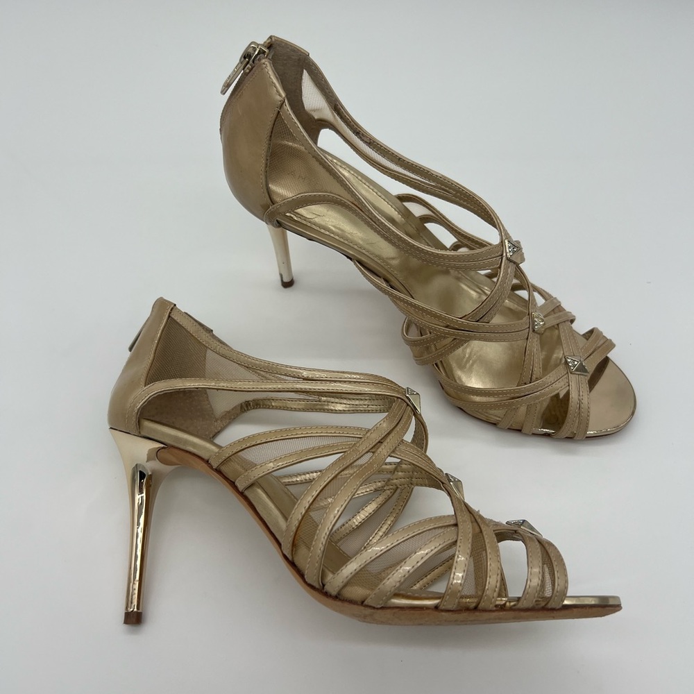 Antonio Melani Gold Strappy Heels Jeweled Leather Open Toe Womens Size 9.5